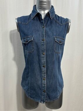 Cherokee Sleeveless Denim Western Button Down Shirt Top Medium Blue Sz LG - 458